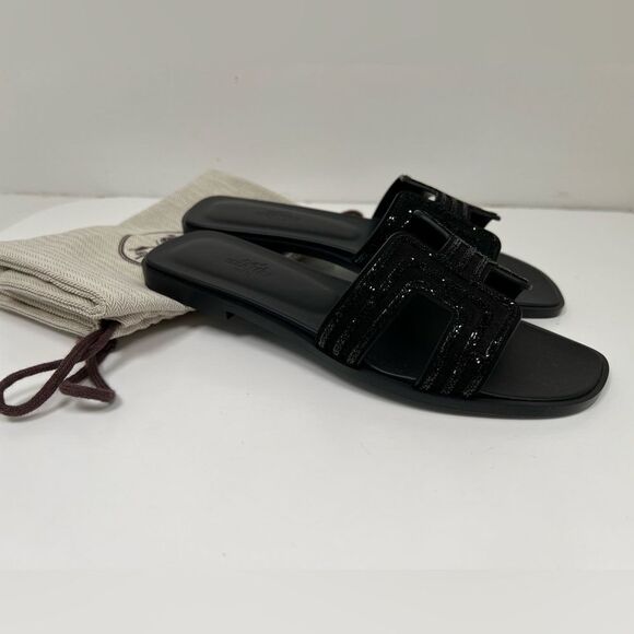 Hermes Oran Sandal Rhinestone Women’s Size 38 / 7.5 Black - Picture 1 of 6